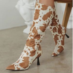 Kitten heel cow print boots